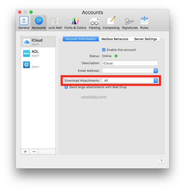 correct setting for aol email on mac ios